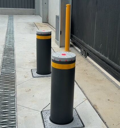 Automatic bollards parts of the security stack at the Pakenham storage facility.